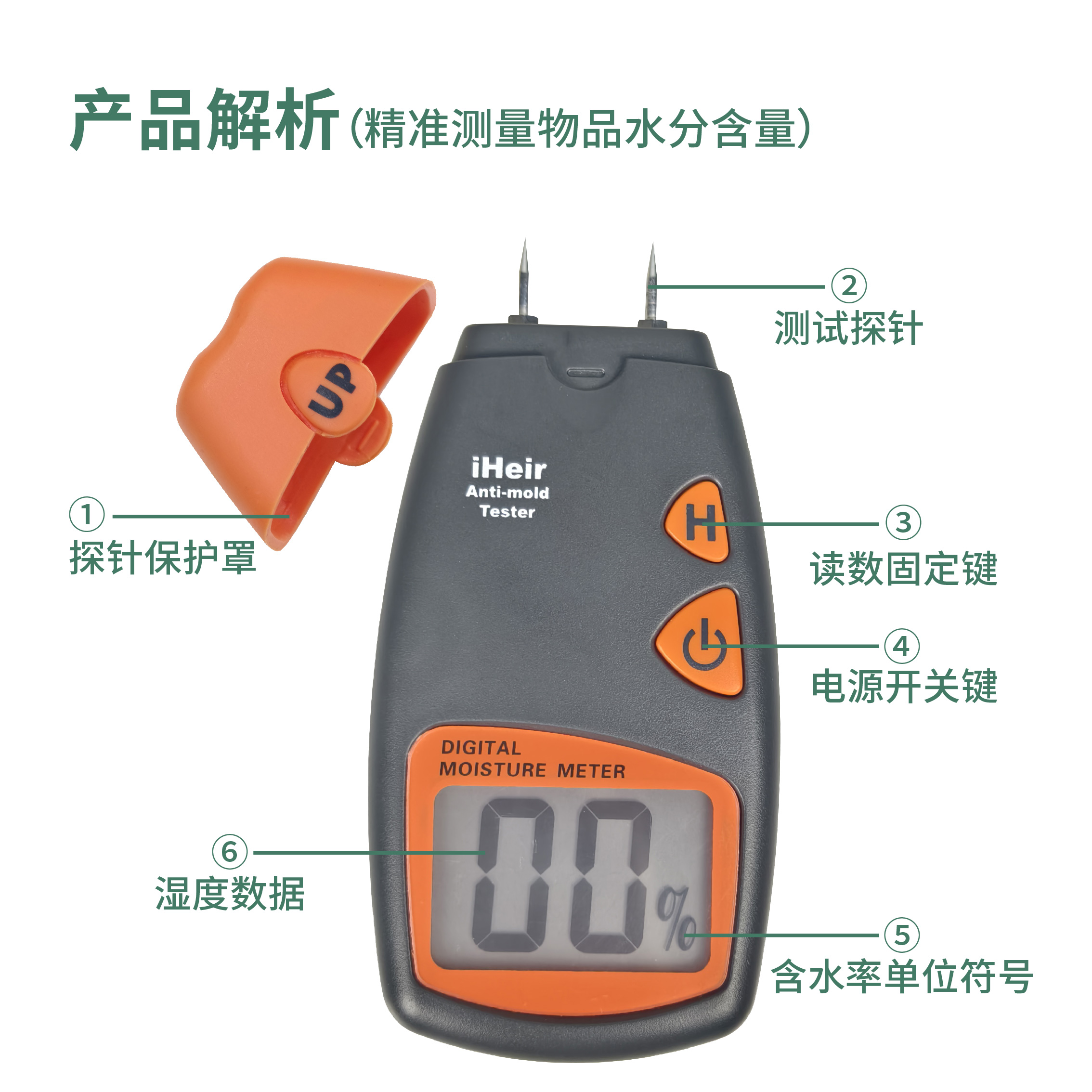 iHeir LCD数显湿度测试仪｜快速精准测量木材皮革含水率防霉专用